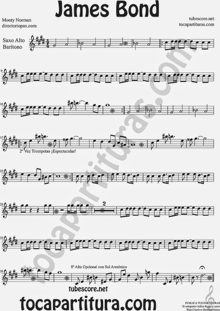  James Bond Partitura de Saxofón alto y Sax Baritono Sheet Music for alto and Baritone Saxophone Music Scores ¡Atención es tocapartituras.com con "s"! (error en la partitura)
