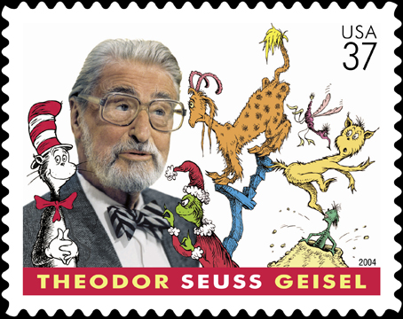 Dr. Seuss postage stamp with some of his characters around him