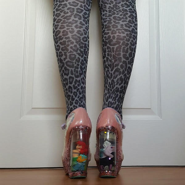 Irregular Choice Make A Splash back back view of disney little mermaid shoes with ariel and ursula figures in heel