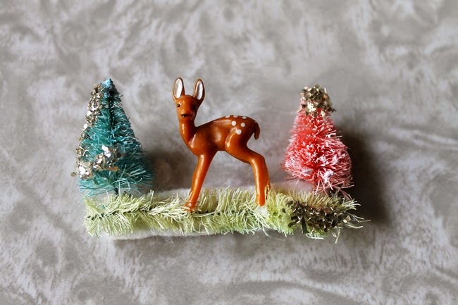 bottle brush novelty christmas brooches with miniature deer and glitter from Wacky Tuna Vintage via Va Voom Vintage