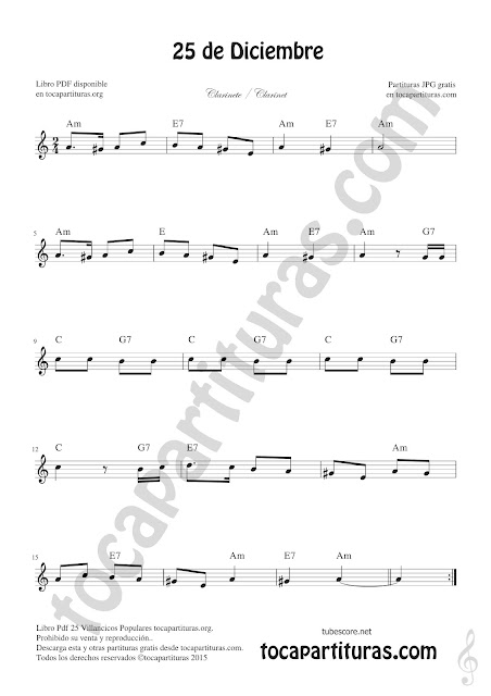 Clarinete Partitura de 25 de Diciembre Villancico de Navidad Sheet Music for Clarinet Christmas Carol Music Scores