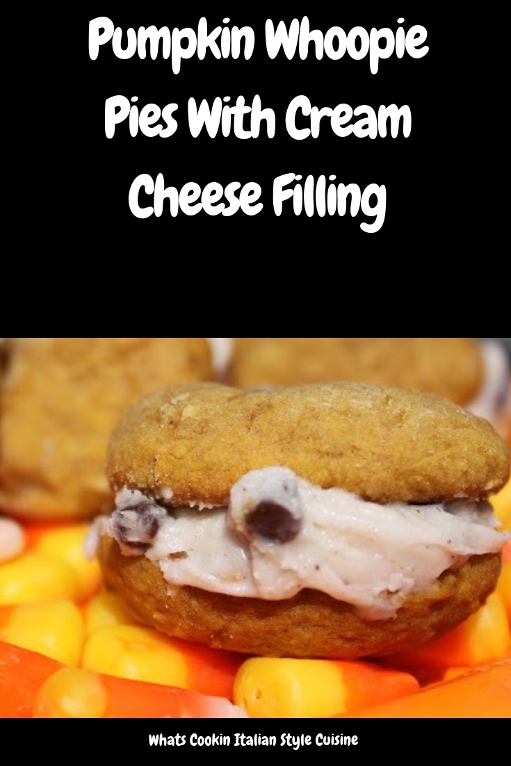 these are pumpkin whoopie pie baked with a cream cheese and chocolate chip filling