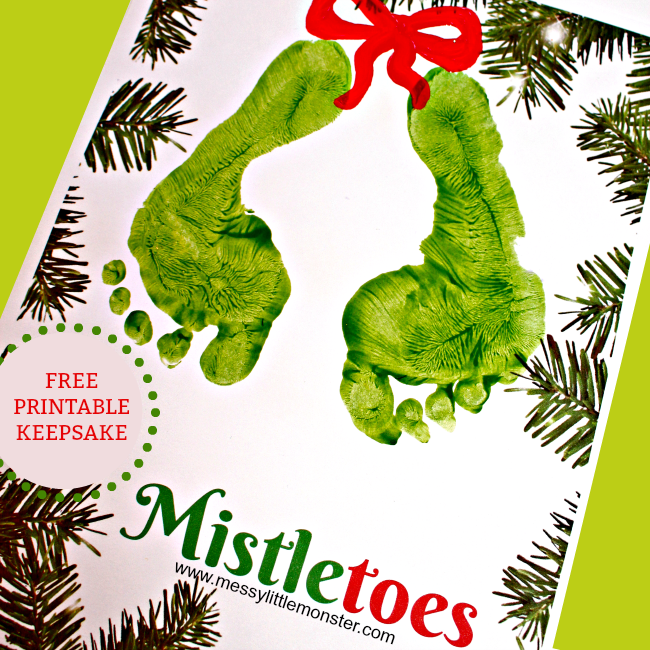  Christmas 'Mistletoes' footprint keepsake for kids with a free printable.   An easy keepsake Christmas Card idea for babies, toddlers and preschoolers.