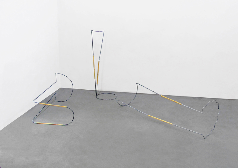 Untitled, 2015, bamboo poles, photocopies wrapped around metal rods, PVA, 120x40x40cm, 155x45x55, 85x62x65 cm