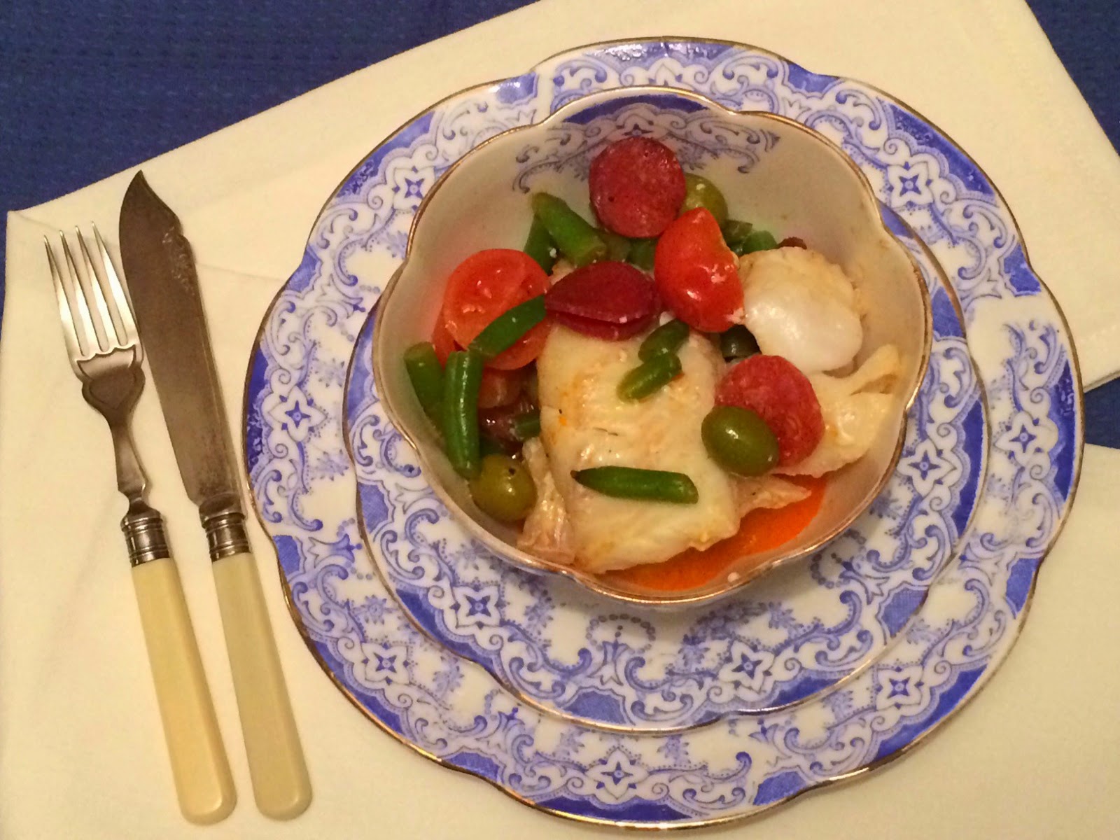 Baked cod with chorizo and olives recipe