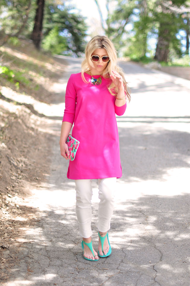 Summer brights, pink and aqua, tibi dress, marc jacobs floral pouch, crocs sandals