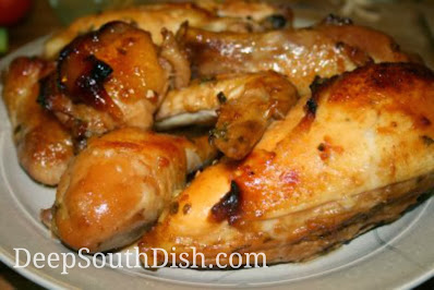 Whole cut up chicken marinated and baked in a honey, orange and soy garlic ginger sauce.