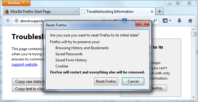 Reset Firefox to remove pop-ups generating adware