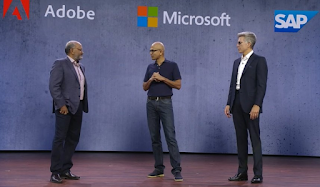 The Adobe, Microsoft and SAP CEOs on stage at Microsoft Ignite Source: Microsoft Ignite Webcast Holger Mueller