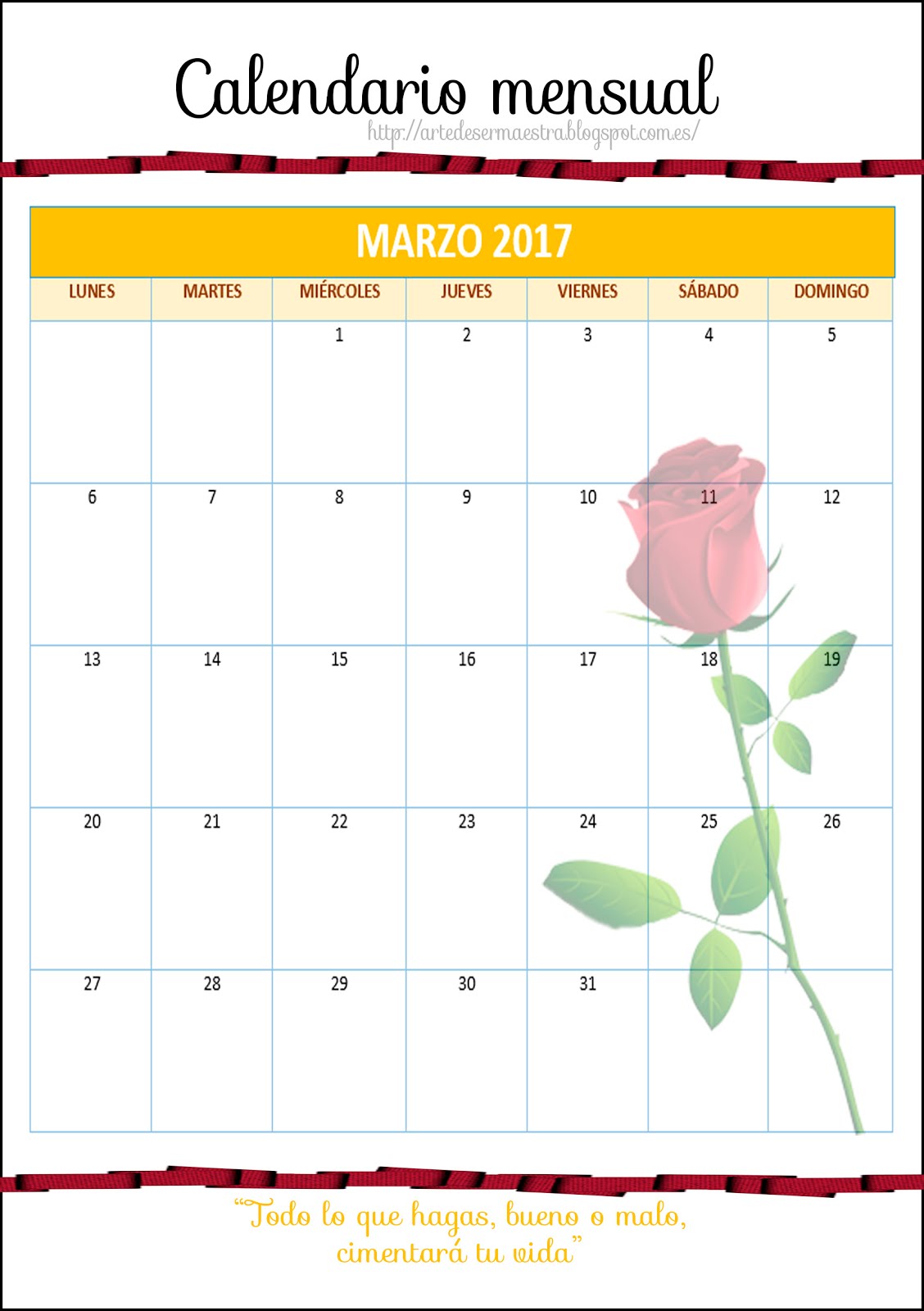 Calendario marzo 18: listo para imprimir