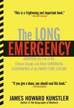 Cover of the Long Emergency, bright yellow with red and black type, and a caution tape stripe down the side
