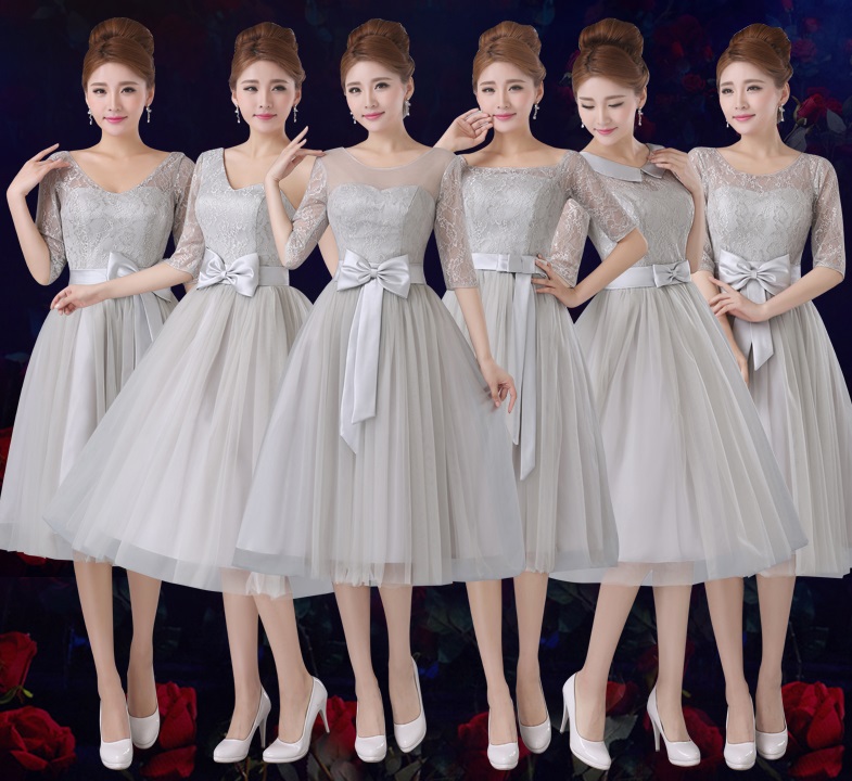 6-Design Half Sleeve Tutu Gray Lace Past Knee Length Bridesmaid Dresses