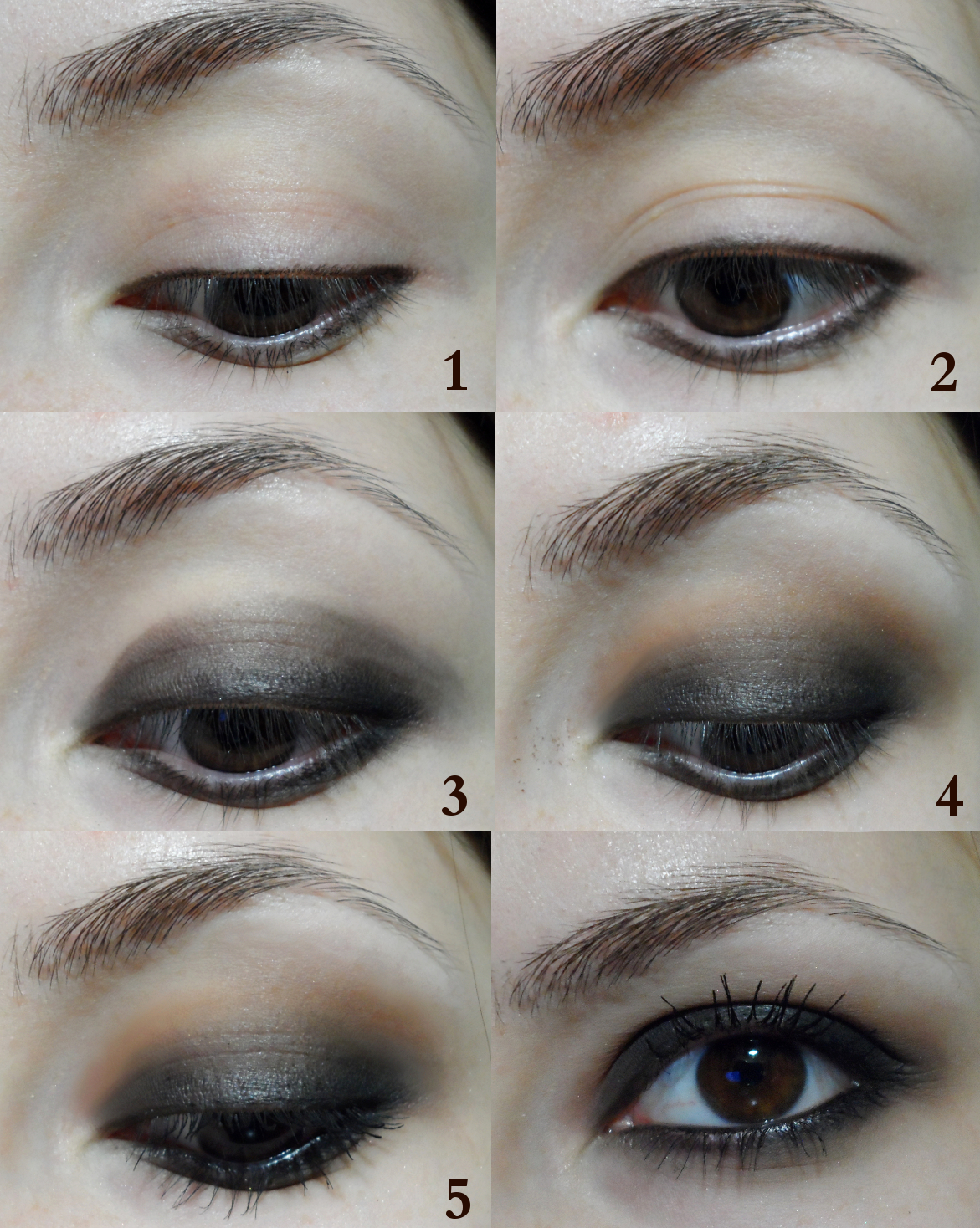 a step by step pictorial of brown smokey eye makeup with instructions