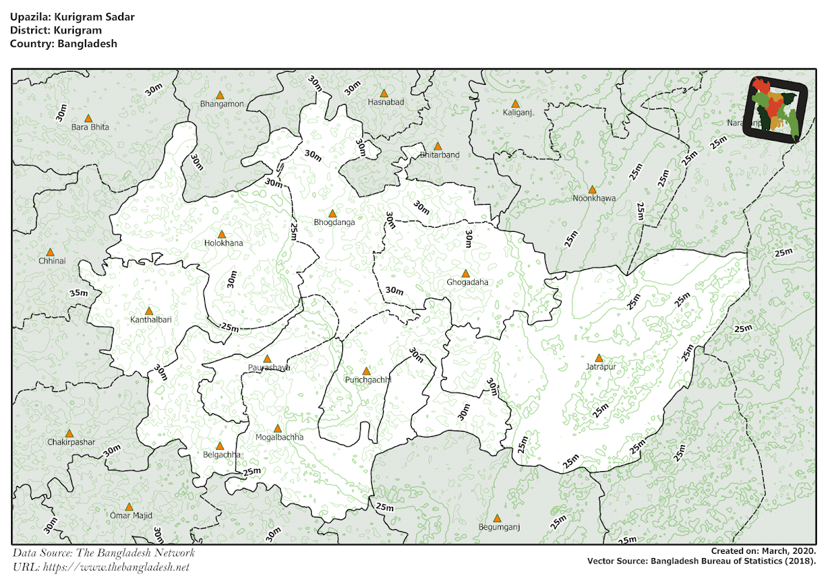 Kurigram Sadar Upazila Elevation Map Kurigram District Bangladesh