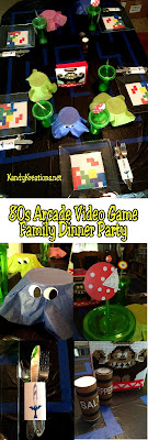 Create a fun family memory with a dinner party just for your family staring your favorite Arcade video games from the 1980s. Pac Man, Donkey Kong, Super Mario, Legend of Zelda, Tetris, and Frogger all make an appearance at this dinner table setting with fun printables and easy DIYs. 