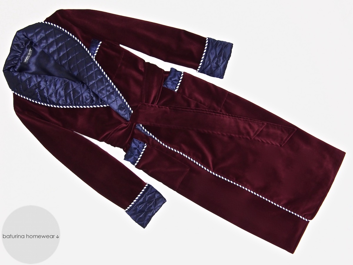 Men's Burgundy Velvet Dressing Gown and Quilted Silk Smoking Jacket Robe