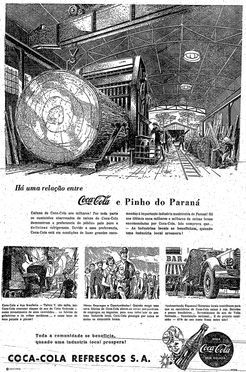 Propaganda da Coca-Cola nos anos 50 que apresentava a forma que explorava os recursos da natureza em prol de sua produção.