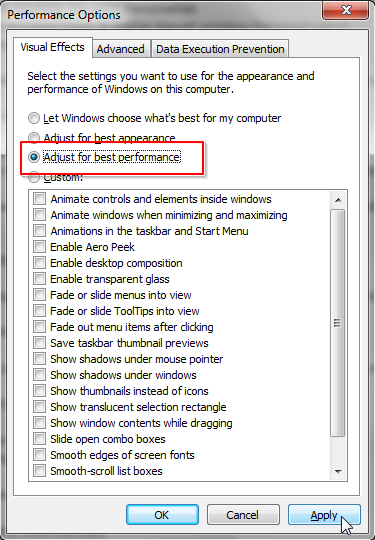 Performance Options Windows 7