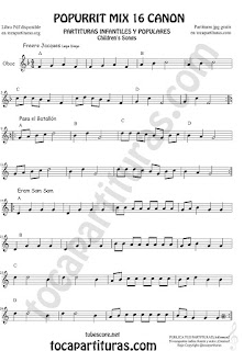Partitura de Oboe Popurrí Mix 16 Partituras de Freere Jacques, Pasa el Batallón, Eram Sam Sam Sheet Music for Oboe Music Score