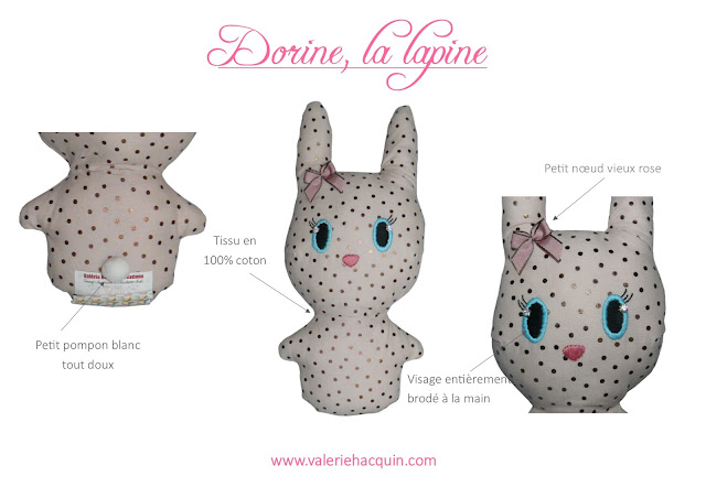 Dorine la lapine, lapin brodé main, Valérie Hacquin Créations tous droits réservés