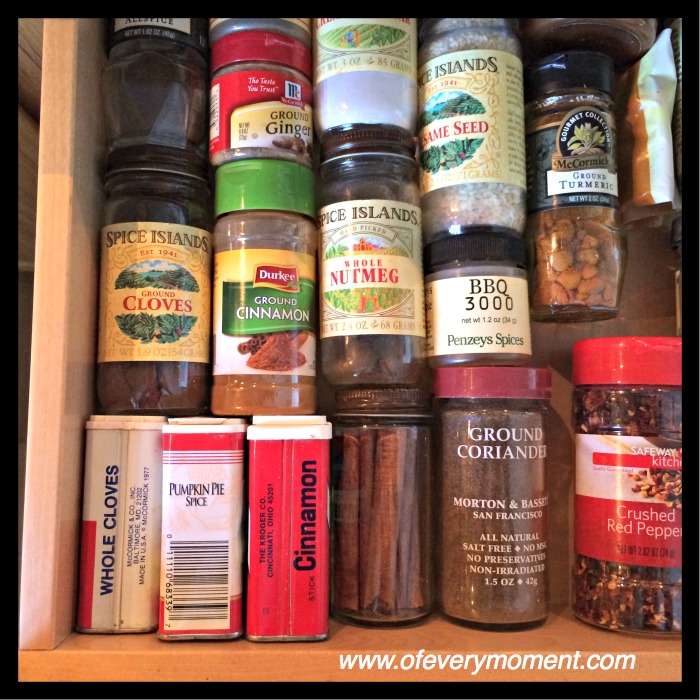 spices, spice drawer, cinnamon and baking spices