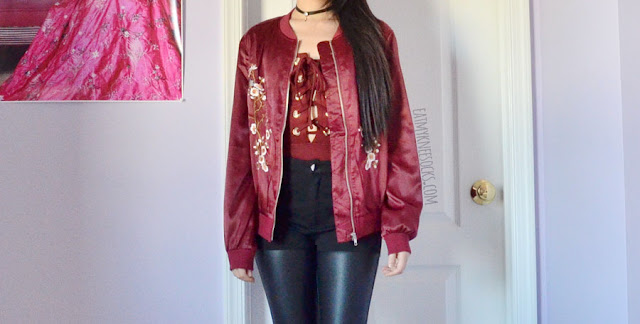 SheIn Fashion Review: Maroon Lace-Up Bodysuit + Satin Floral Bomber Jacket Wine red silky satin floral embroidered oversized bomber jacket from SheIn, worn with a plunging lace-up bodysuit and leather-paneled pants.