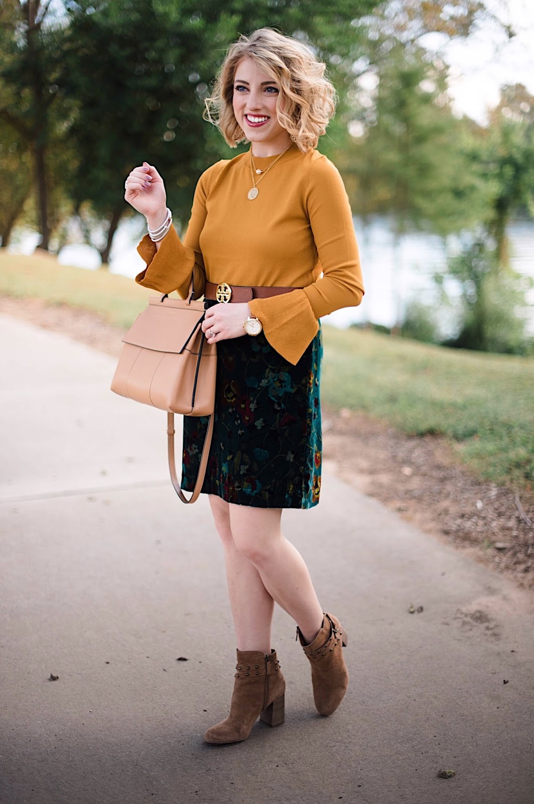 Velvet Skirt & Mustard Yellow Bell Sleeve Sweater - Something Delightful