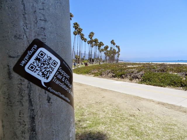Fair and ethical translators and interpreters sticker tagging campaign for elingual.net and spreadthewordwear.com Santa Barbara supports fair and ethical freelance translators, interpreters and language companies