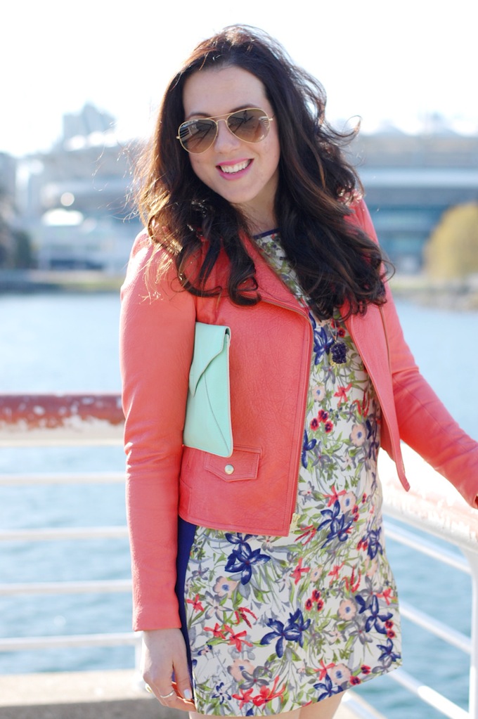 Forever 21 floral print dress and coral leather jacket theory by Vancouver fashion blogger Aleesha Harris.