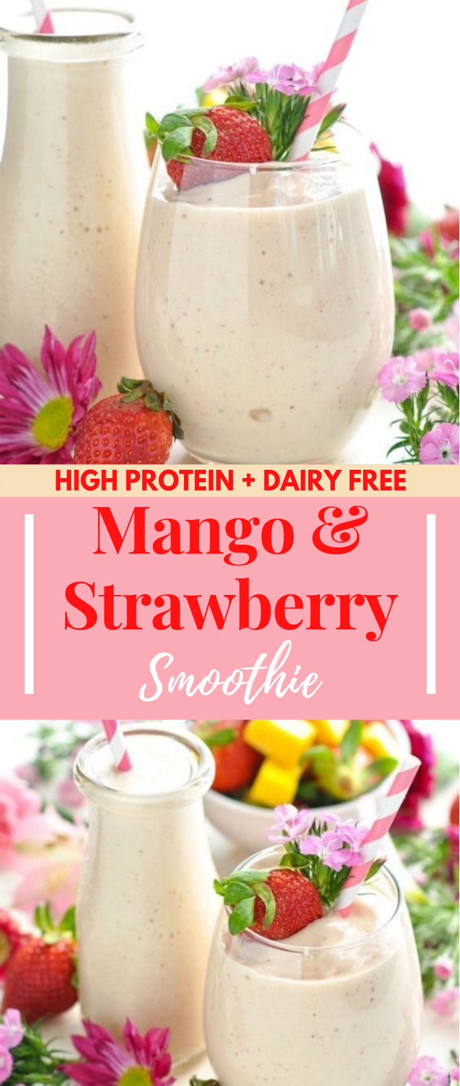 HEALTHY STRAWBERRY SMOOTHIE WITH MANGO {HIGH PROTEIN + DAIRY FREE!} #healthydrink #smoothies HEALTHY STRAWBERRY SMOOTHIE WITH MANGO {HIGH PROTEIN + DAIRY FREE!} #healthydrink #smoothies