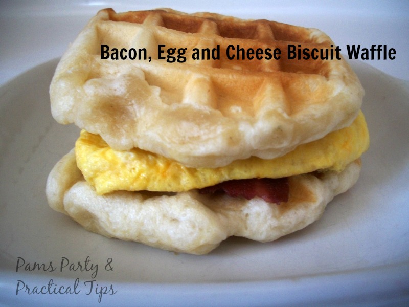 Bacon, Egg and cheese biscuit sandwiches made in waffle maker 