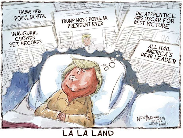Title:  Lao-La Land.  Image:  Donald Trump dreams, with images of newspaper headlings reading 