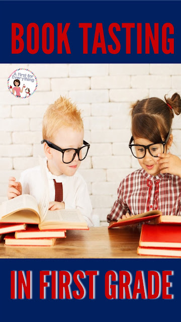 A blog post with a FREEBIE about doing a book tasting for with first graders. Encourage your first grade students to experience various reading genres by having a book tasting. Students sample books in various genres in a cafe themed setting. Link provided to free reading genre posters. {1st grade, ELA, balanced literacy}
