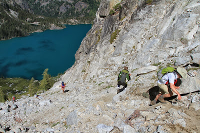 Climbing Aasgard Pass with Colchuck Lake Below