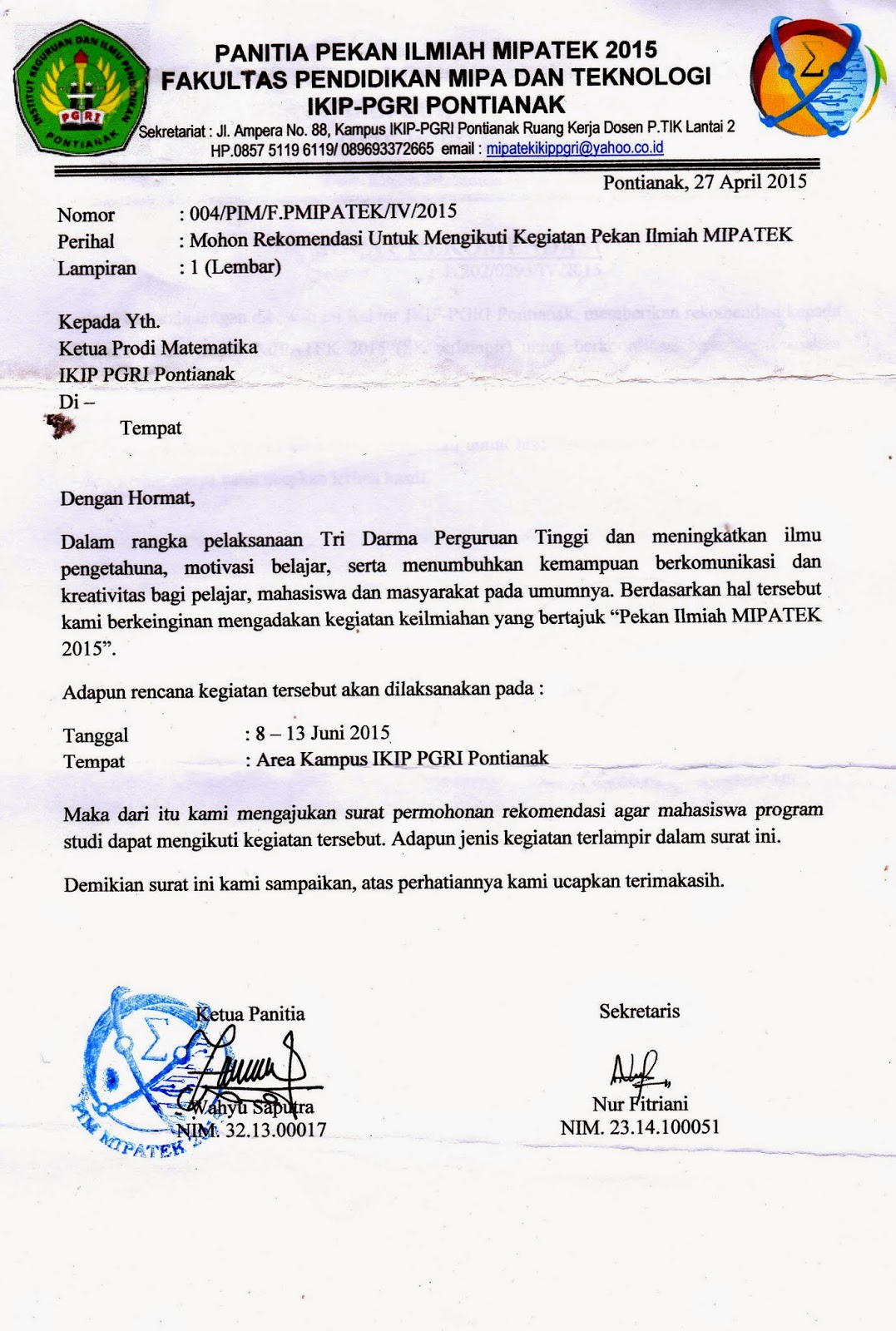 Formulir Pendaftaran dan surat rekomendasi PEKAN ILMIAH