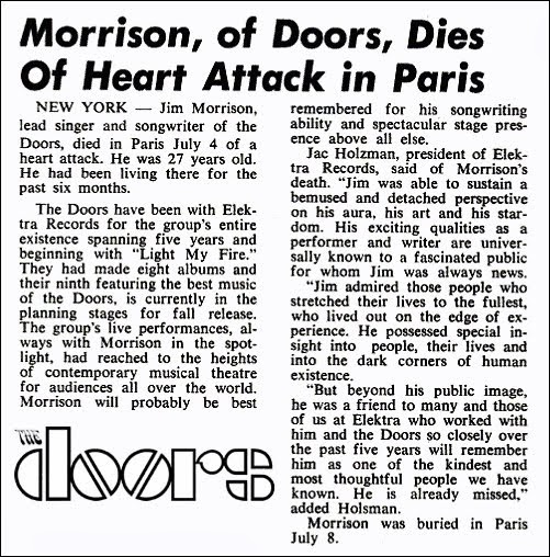 Jim Morrison Death Billboard Magazine July 4, 1971