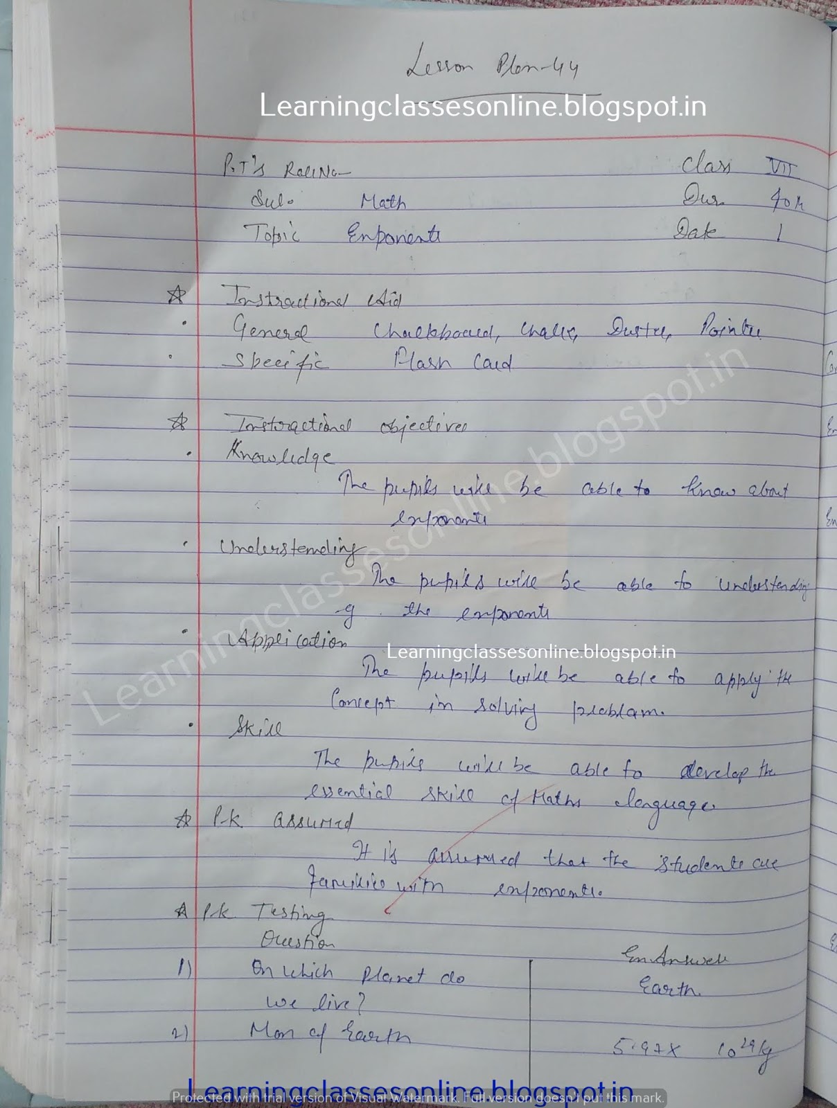 Mathematics Lesson Plan on Exponents Mathematics Lesson Plan on Exponents - Sample Lesson Plan for New Teachers