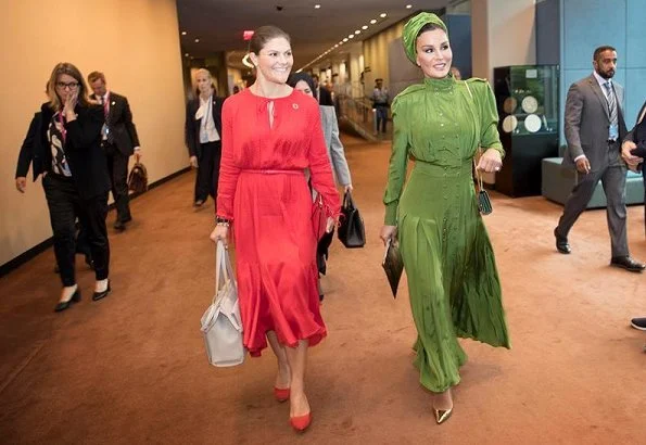 Crown Princess Victoria wore & Other Stories Midi Tie Neck Dress, Rizzo Stockholm Pumps and carried By Malene Birger tote bag