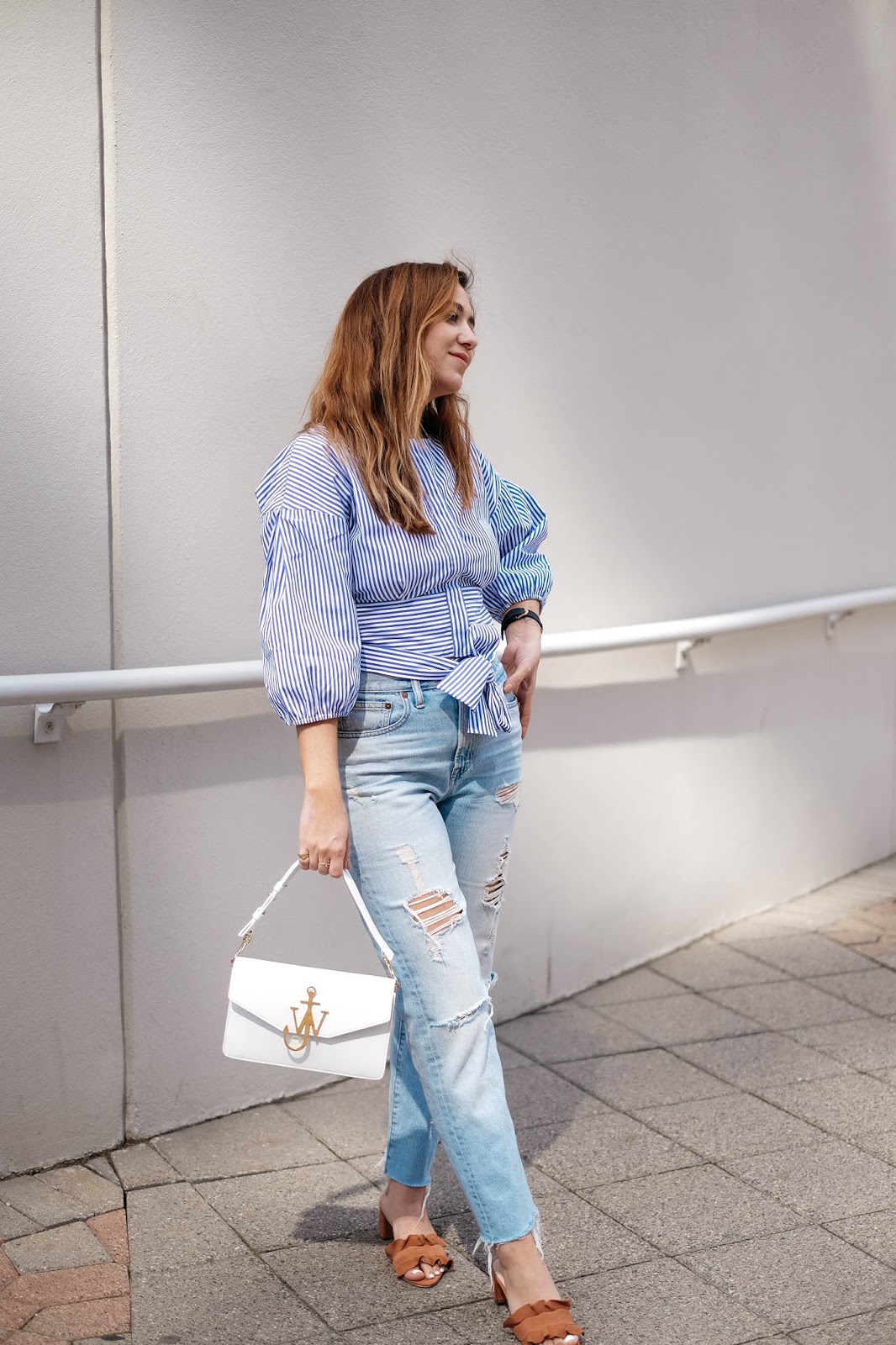 distressed jeans, madewell jeans, poplin blouse, striped shirt, summer, outfit, inspiration, blog, blogger, style, fashion, outfit ideas, JOA, loeffler randall, ruffle sandals, vera sandals