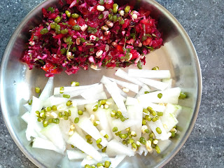 Beetroot, Cabbage, Ash gourd,  Green gram sprouts, Tomato, Coriander