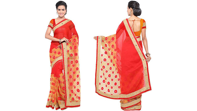 arsh impex Embroidered Fashion Net, Chiffon Saree (Red, Yellow) arsh impex Embroidered Fashion Net, Chiffon Saree (Red, Yellow)
