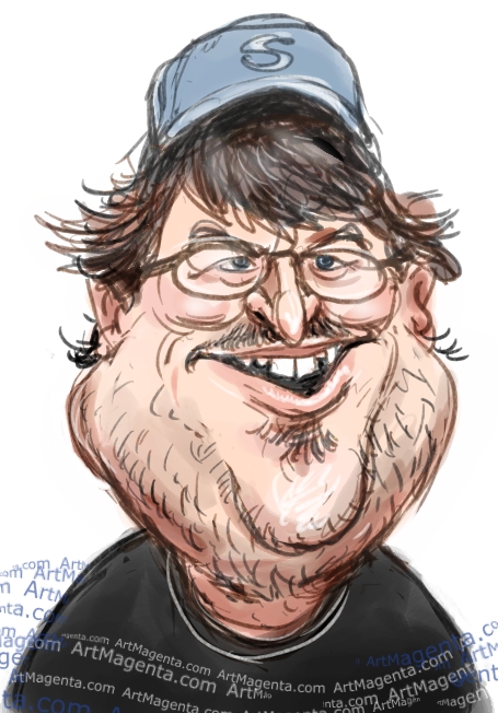 Michael Moore aricature cartoon. Portrait drawing by caricaturist Artmagenta