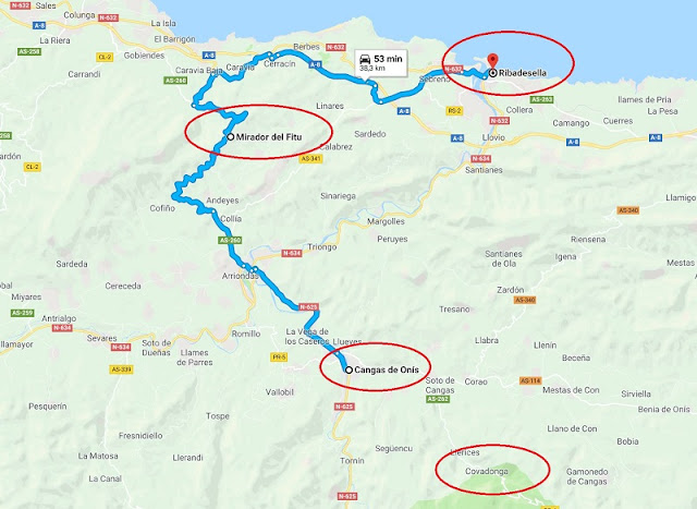 Mapa de situación Cangas de Onis, Ribadesella, Mirador del Fitu y Covadonga