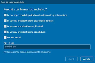 downgrade windows 10 tornare versione prima