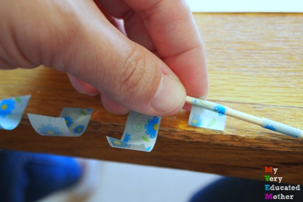 Pick-Up Sticks: Wrap the washi tape around the ends of your skewers. 