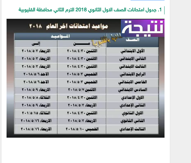 جدول امتحانات الصف الاول الثانوي الترم الثاني 2018 جميع المحافظات