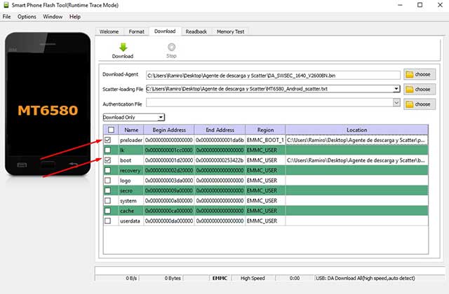 archivo preloader y boot cargado en el flash tool