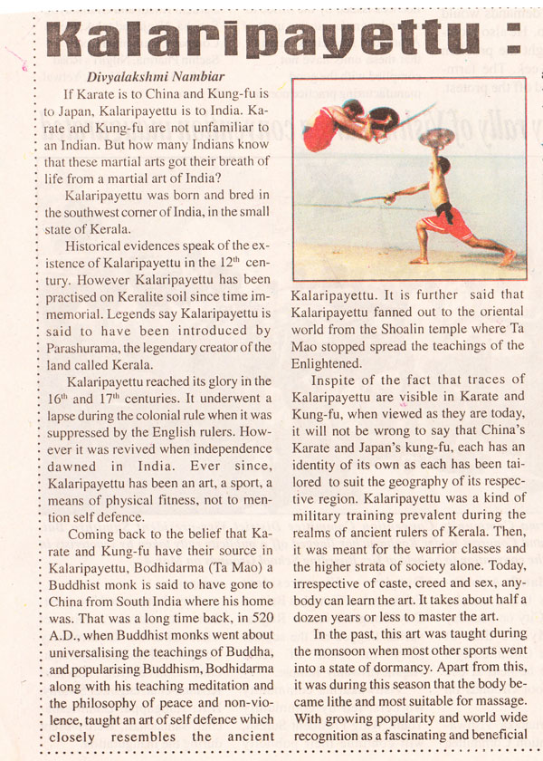 Published Work: Kalaripayettu -- The Martial Art of Kerala. 