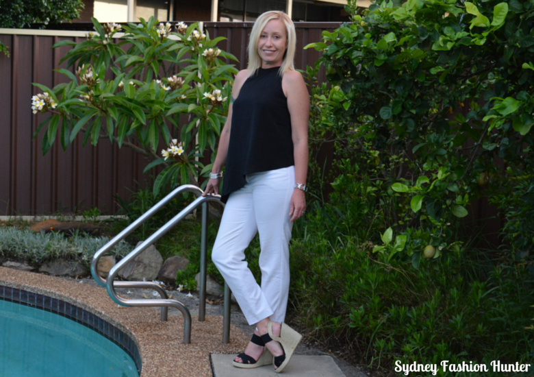 Sydney Fashion Hunter OOTD White Ankle Pants, Black Asymmetric Halter Top, Black Espadrille Wedges