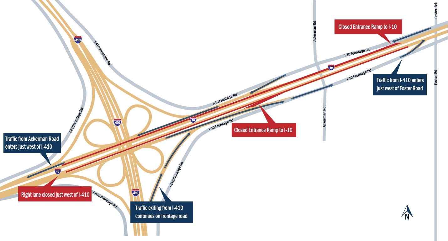 road through the ackerman road intersection proceed to the collector road then enter the freeway using the next entrance ramp see map below road through the ackerman road intersection proceed to the collector road then enter the freeway using the next entrance ramp see map below